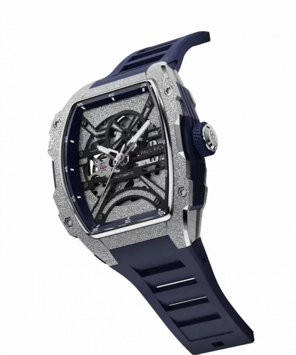Orologio da uomo in argento Paul Rich Watch con un braccialetto di gomma Frosted Astro Skeleton Lunar - Silver / Blue 42,5MM Automatic