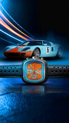 Montre Straton Watches pour homme de couleur argent avec bracelet en cuir Speciale Blue / Orange 42MM