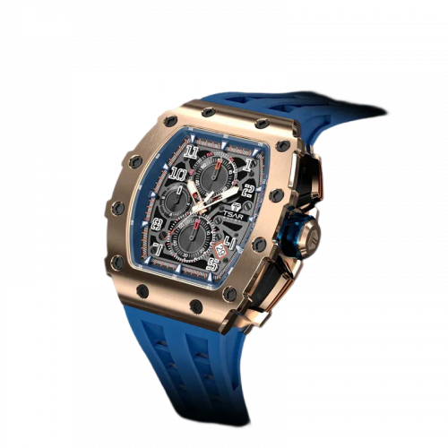 Goldene Herrenuhr Tsar Bomba Watch mit Gummiband TB8204Q - Gold / Blue 43,5MM