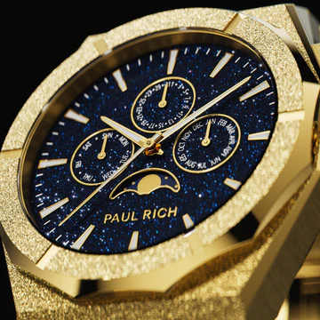 Zlaté pánske hodinky Paul Rich s oceľovým pásikom Frosted Star Dust II Moonphase - Gold 43MM