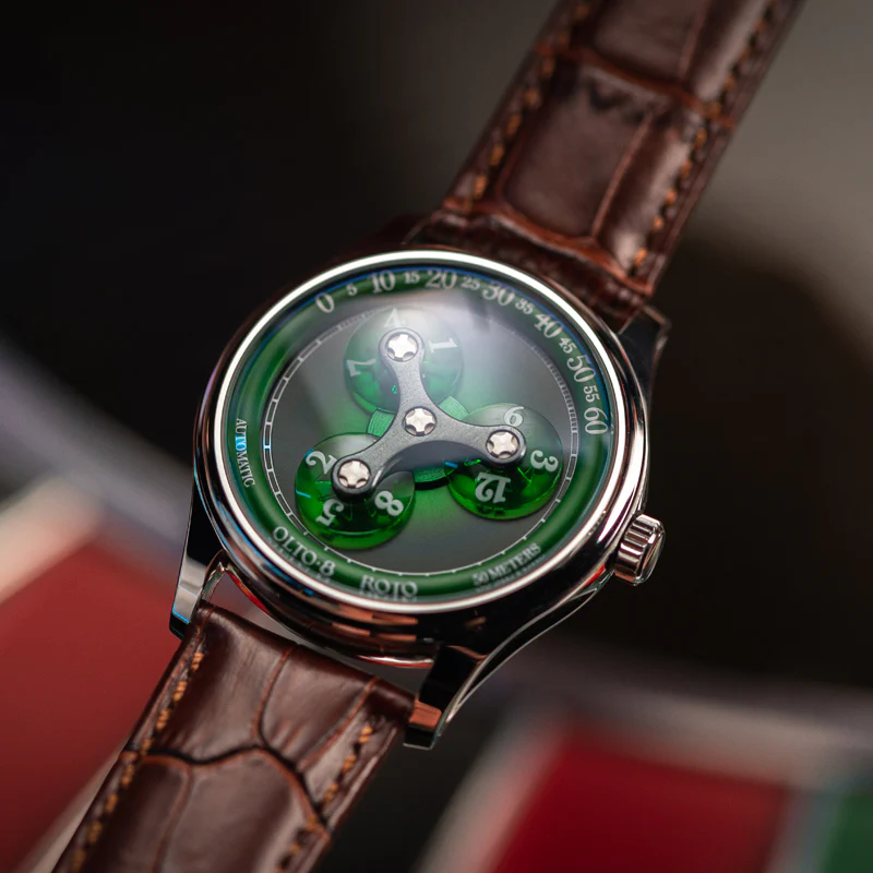 Men's silver OLTO-8 with leather strap ROTO Jade Green Dial Upgraded 39MM Automatic