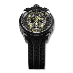Černé pánské hodinky Bomberg s gumovým páskem SUGAR SKULL GOLDEN 45MM