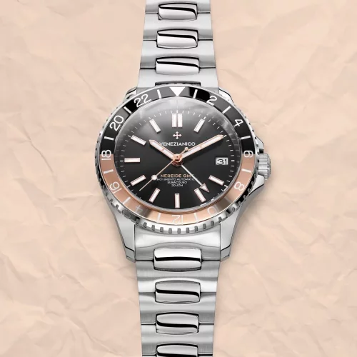 Srebrny męski zegarek Venezianico ze stalowym paskiem Nereide GMT 3521504C Black 39MM Automatic