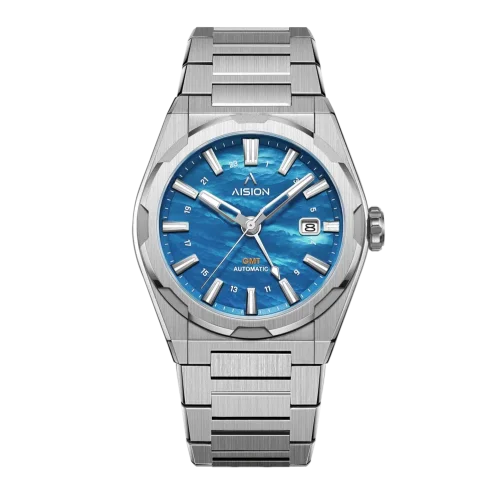 Srebrni muški sat Aisiondesign Watches s čeličnom trakom HANG GMT - Blue MOP 41MM Automatic