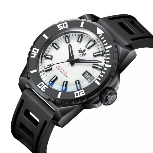 Schwarze Herrenuhr Phoibos Watches mit Gummiband Levithan PY032E DLC 500M - Automatic 45MM