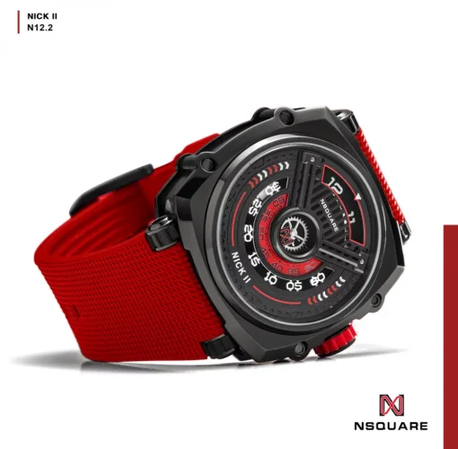 Czarny zegarek męski Nsquare ze gumowym paskiem NSQUARE NICK II Black Red 45MM Automatic