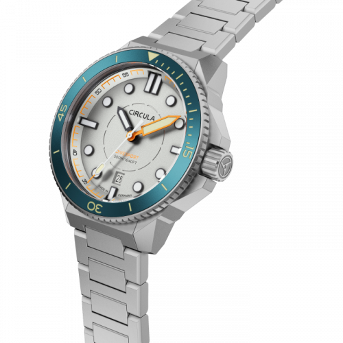 Męski srebrny zegarek Circula Watches z pasem stalowym DiveSport Titan - Grey / Petrol Aluminium 42MM Automatic
