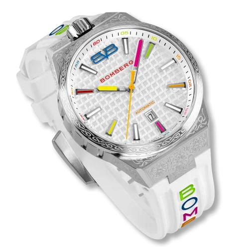 Reloj Bomberg Watches plata con banda de goma CHROMA BLANCHE 43MM Automatic