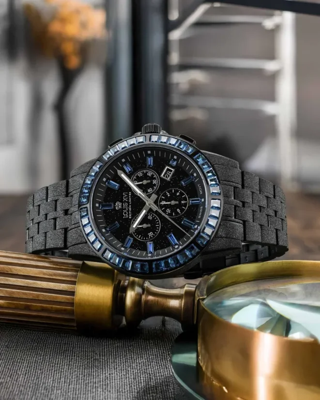 Černé pánské hodinky Louis XVI s ocelovým páskem Majesté Iced Out Rainbow 1130 - Black 43MM
