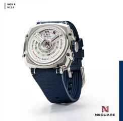 Zilveren herenhorloge van Nsquare met rubberen band NSQUARE NICK II Silver / Blue 45MM Automatic