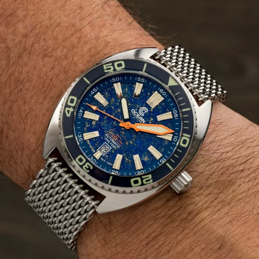 Montre Oceancrawler Watches pour homme en argent avec bracelet en acier Core Diver - Lapis Lazuli Edition 44MM