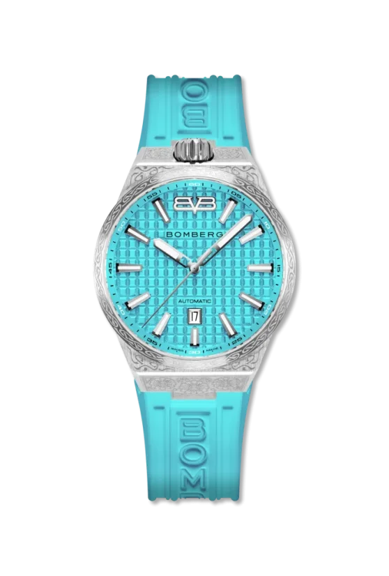 Silberne Herrenuhr Bomberg Watches mit Gummiband TEAL LAGOON 43MM Automatic