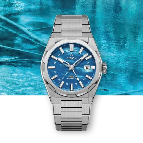 Relógio Aisiondesign Watches prata para homens com pulseira de aço HANG GMT - Blue MOP 41MM Automatic