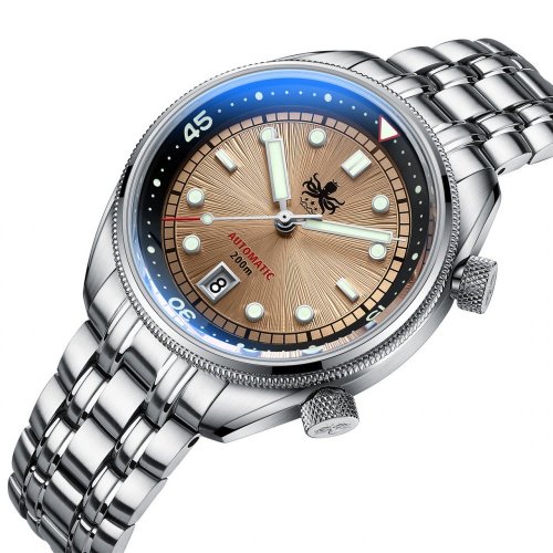 Stříbrné pánské hodinky Phoibos Watches s ocelovým páskem Eagle Ray 200M - PY039H Sunray Champagne Automatic 41MM
