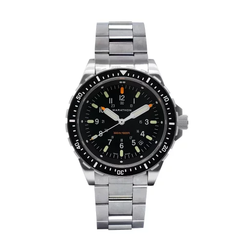 Miesten hopeinen Marathon Watches -kello teräshihnalla Jumbo Diver's Quartz 46MM