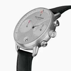 Relógio Nordgreen prata para homens com pulseira de couro Pioneer Textured Grey Dial - Black Leather / Silver 42MM