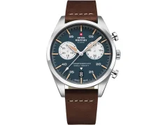 Zilverkleurig herenhorloge van Swiss Military Hanowa met leren band Vintage Chronograph SM34090.04 42,5MM