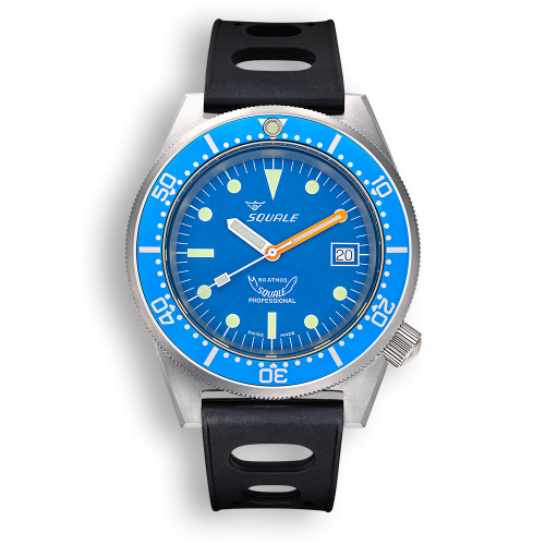 Men's silver Squale watch with rubber strap 1521 Blue Blasted Rubber - Silver 42MM Automatic