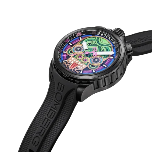 Czarny męski zegarek Bomberg Watches z gumowym paskiem MAYA GREEN 45MM