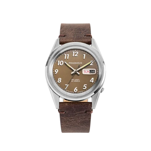 Stříbrné pánské hodinky Praesidus s koženým páskem Rec Spec - Khaki Brown Leather 38MM Automatic