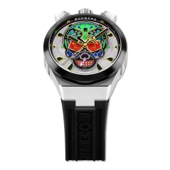 Zilveren herenhorloge van Bomberg Watches met een rubberen band CHRONO SKULL THROWBACK EDITION - COLORIDO 44MM Automatic