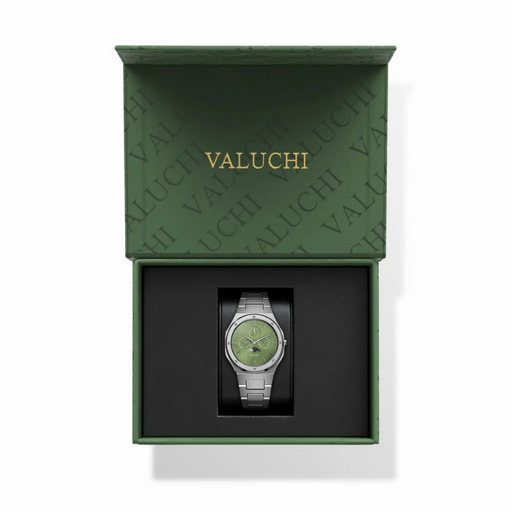 Men's silver Valuchi watch with steel strap Lunar Calendar - Silver Green Automatic 40MM