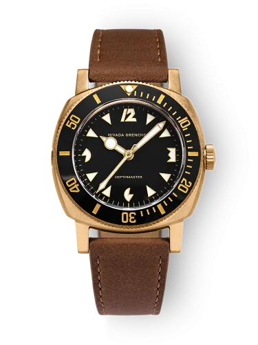 Montre Nivada Grenchen pour homme de couleur or avec bracelet en cuir Pacman Depthmaster Bronze 14123A16 Brown Leather 39MM Automatic
