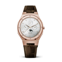 Goldene Herrenuhr Valuchi Watches mit Ledergürtel Lunar Calendar - Rose Gold White Leather 40MM