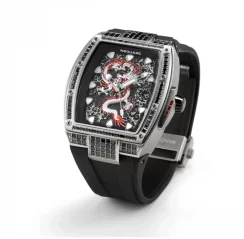 Strieborné pánske hodinky Nsquare s gumovým opaskom Dragon Overloed Silver / Black 44MM Automatic