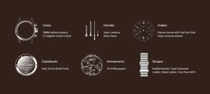 Relógio Praesidus prata para homens com pulseira de couro PAC-76 Black Leather 38MM