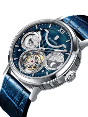 Stříbrné pánské hodinky Waldhoff s koženým páskem Ultramatic II Royal Blue 42,5MM Automatic