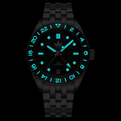 Montre Phoibos Watches pour homme en argent avec bracelet en acier GMT Wave Master 200M - PY049A Green Automatic 40MM