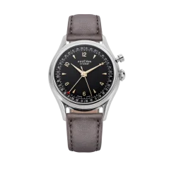 Stříbrné pánské hodinky Vulcain s koženým páskem Cricket Tradition Grey Steel Case Back - Black & Gold 39MM Automatic