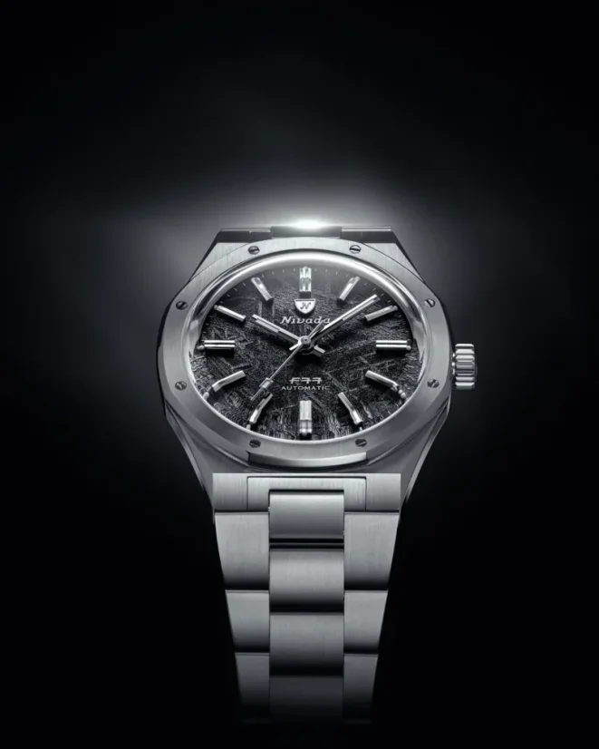 Men's silver Nivada Grenchen watch with steel strap F77 STAINLESS STEEL METEORITE 69041A77C With Date 41MM Automatic