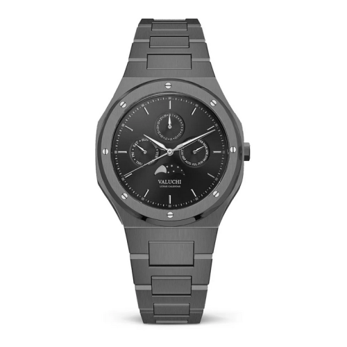 Relógio Valuchi Watches preto para homem com pulseira de aço Lunar Calendar - Gunmetal Black Automatic 40MM