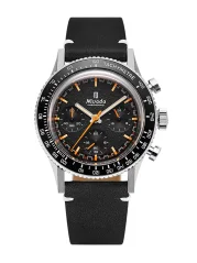 Men's silver Nivada Grenchen watch with leather strap Tachymeter Bezel Chronoking Mecaquartz Inter. Bezel Black Leather 87040Q15 38MM