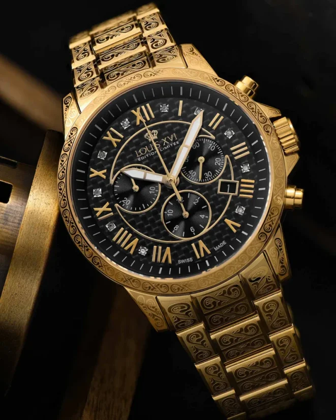 Relógio masculino Louis XVI de ouro com pulseira de aço Palais Royale 1018 - Gold 43MM