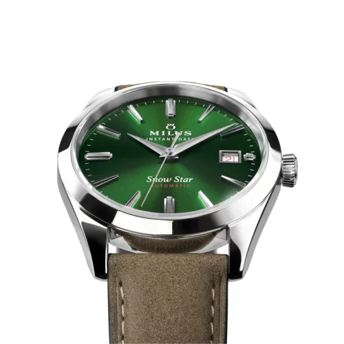 Strieborné pánske hodinky Milus Watches s koženým pásikom Snow Star Boreal Green 39MM Automatic