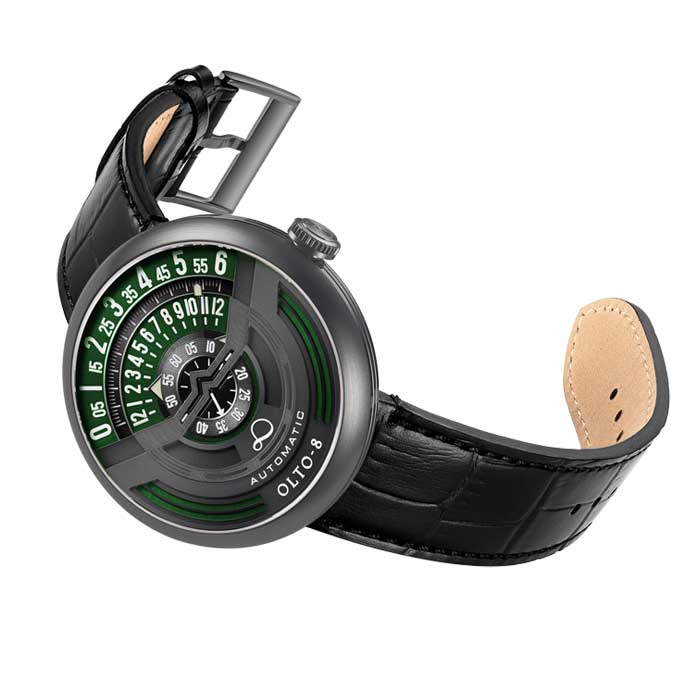 Čierne pánske hodinky OLTO-8 s koženým remienkom INFINITY-I RPM-Style Black / Green 46MM Automatic