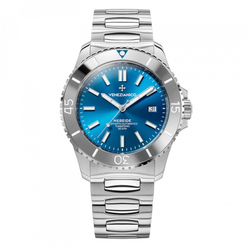 Stříbrné pánské hodinky Venezianico s ocelovým páskem Nereide Tungsteno 4521501C Blue 42MM Automatic