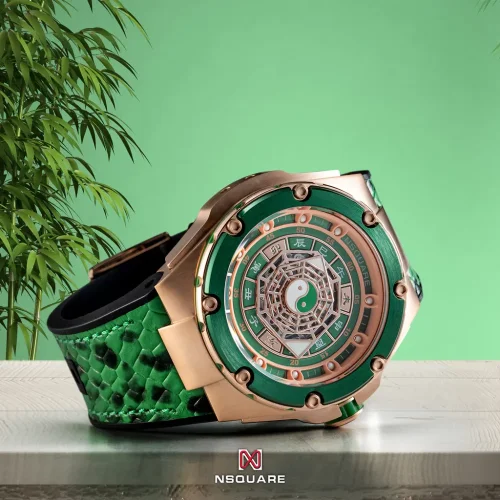 Men's gold Nsquare Watch with rubber strap FIVE ELEMENTS Gold / Green 46MM Automatic