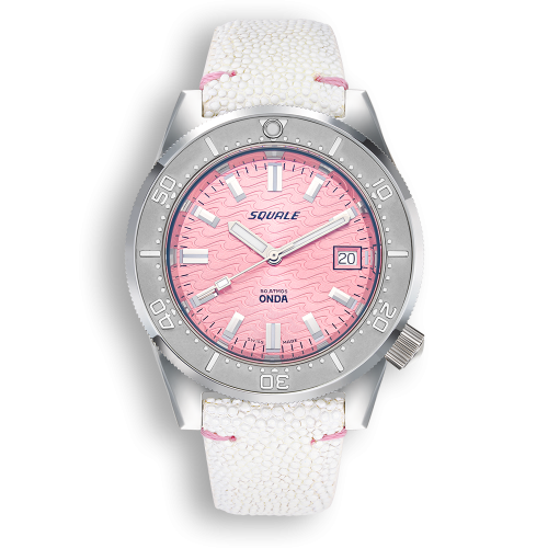 Miesten hopeinen Squale -kello nahkarannekkeella 1521 Onda Pink Leather - Silver 42MM Automatic