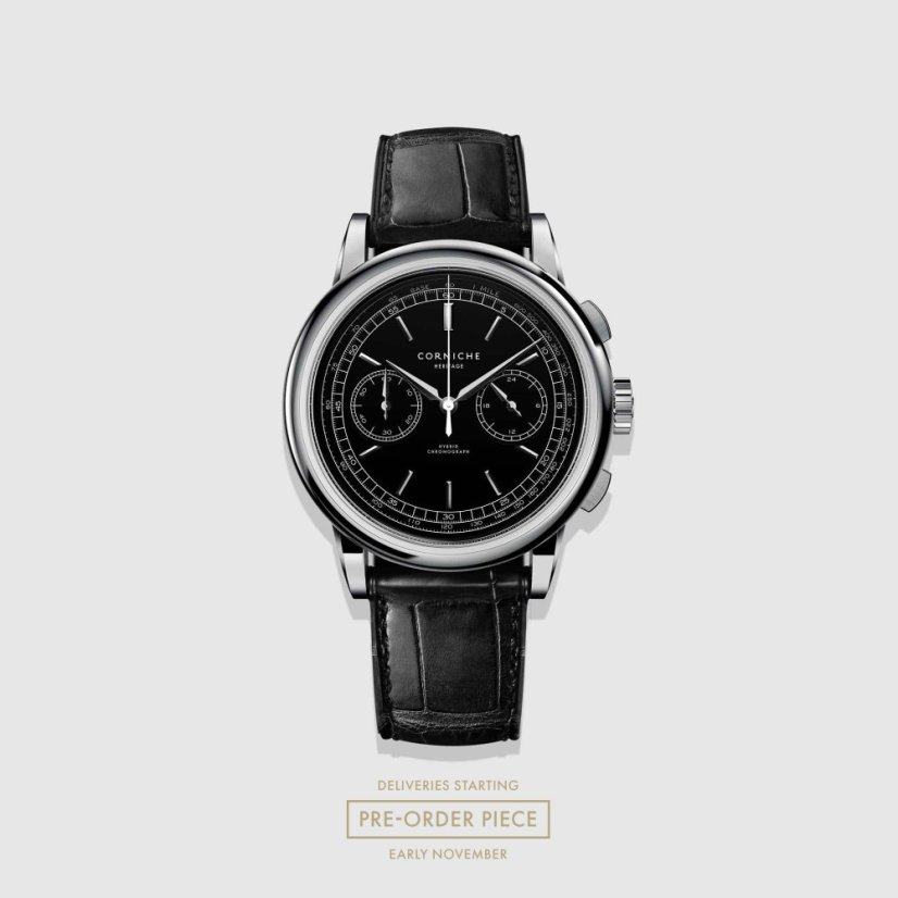 Men's silver Corniche watch with leather strap Chronograph Steel with Black dial 39MM
