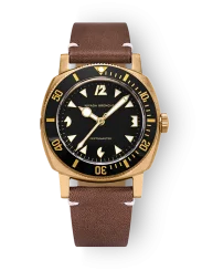 Złoty zegarek męski Nivada Grenchen ze skórzanym paskiem Pacman Depthmaster Bronze 14123A14 Brown Leather White 39MM Automatic