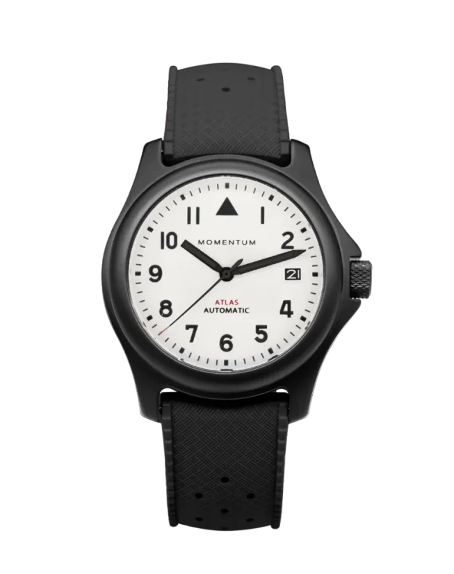 Montre Momentum Watches pour hommes en noir avec élastique Atlas Automatic White-Ion - Black Tropic Rubber 38MM Automatic