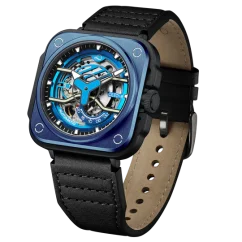 Relógio OLTO-8 azul com bracelete em pele IRON-EX Square Skeleton Blue / Black 46MM Automatic