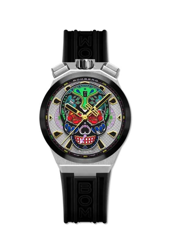 Silberne Herrenuhr Bomberg Watches mit Gummiband CHRONO SKULL THROWBACK EDITION - COLORIDO 44MM Automatic