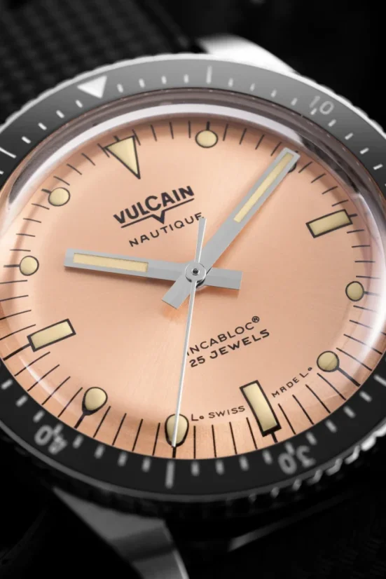 Men's silver Vulcain watch with rubber strap Skindiver Nautique - Salmon Beige Luminova - Rubber 44,5MM Automatic