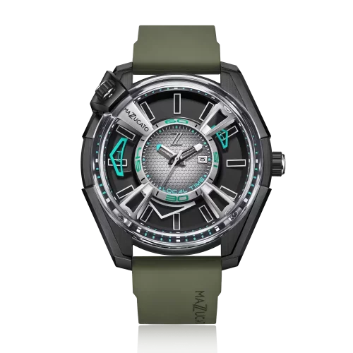 Relógio masculino de prata Mazzucato com bracelete de borracha LAX Dual Time Black / Green - 48MM Automatic