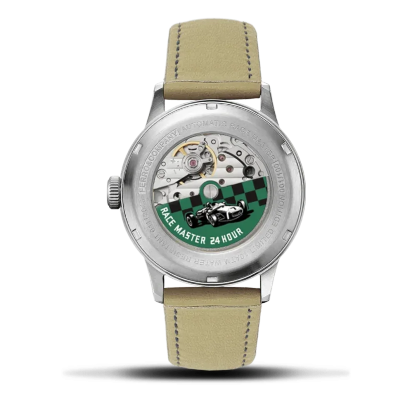 Zilveren herenhorloge van Ferro & Company met leren band Race Master Automatic Green 39MM Automatic